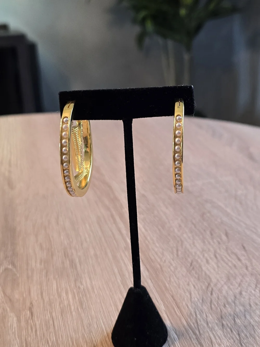 Gold Large Logo Hoop Earrings with Pearl Accent - Designer Style - Picture 3 of 10